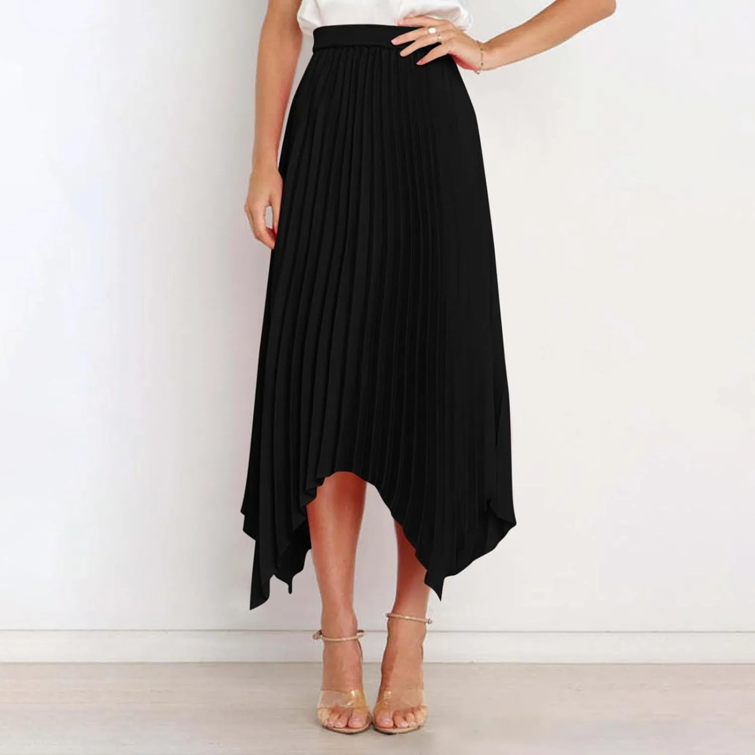 Women's Summer Skirt Solid Color High Waist Pleated A Line Swing Skirts Casual Fashion Irregular Hem Swing Skorts