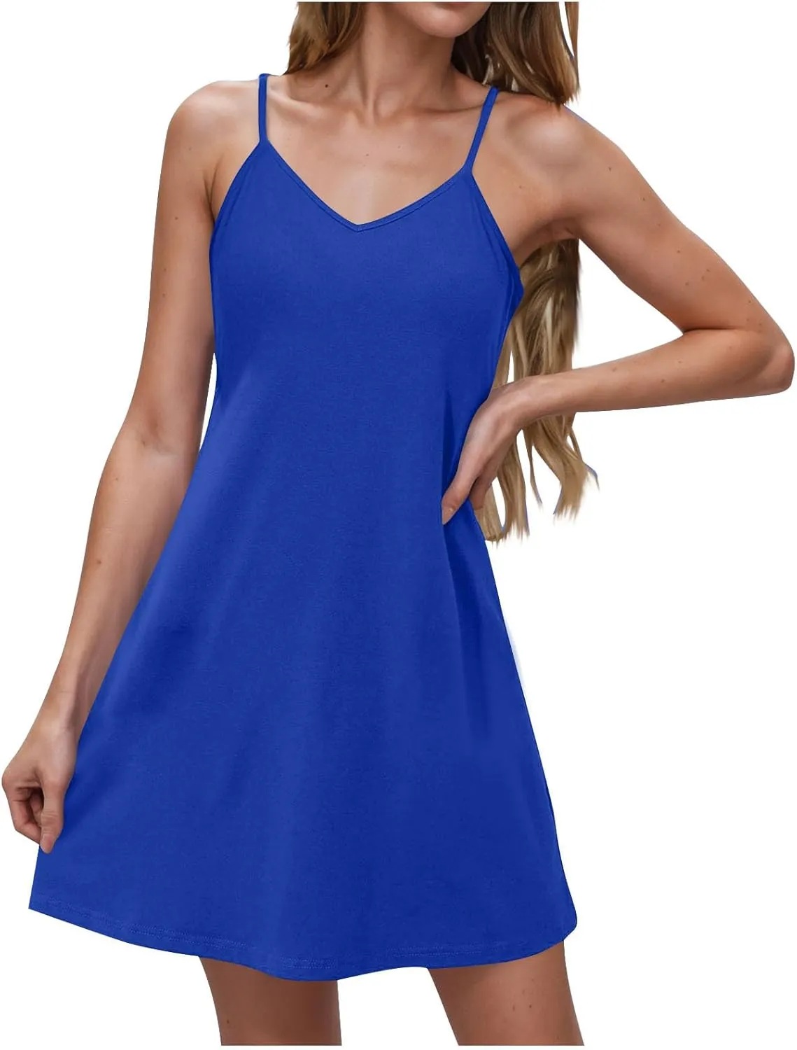 Womens V Neck Dresses Sexy Spaghetti Straps Summer Dresses Elegant Sleeveless Cami Dress Solid Color Petite Sundress