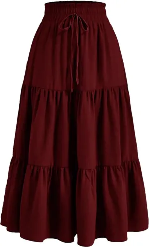 Women's Vintage Floral Print A Line Skirt Elastic High Waist Pleated Long Skirts