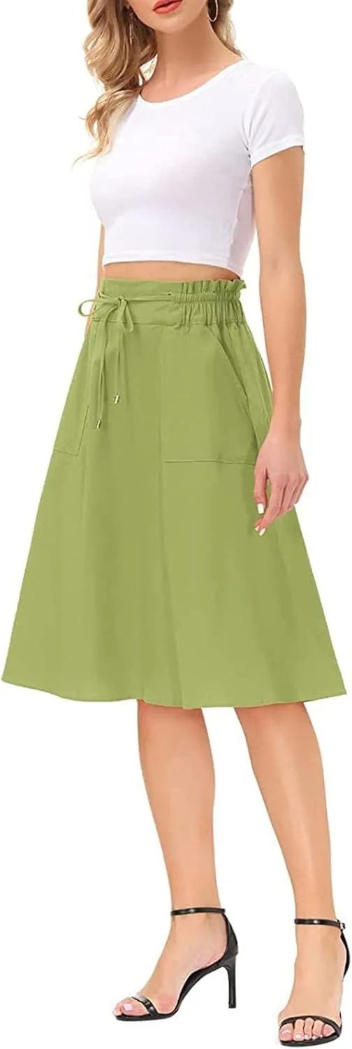 YOLAI Women Elastic High Waist Solid Colours Boho Knee Length Skirt Casual Drawstring A Line Long Skirt with Pockets