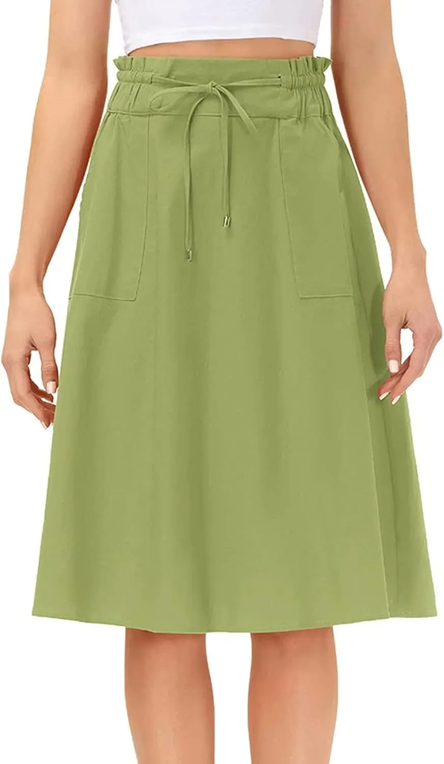 YOLAI Women Elastic High Waist Solid Colours Boho Knee Length Skirt Casual Drawstring A Line Long Skirt with Pockets