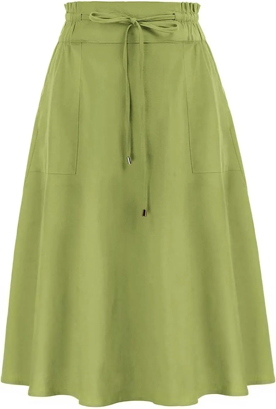 YOLAI Women Elastic High Waist Solid Colours Boho Knee Length Skirt Casual Drawstring A Line Long Skirt with Pockets