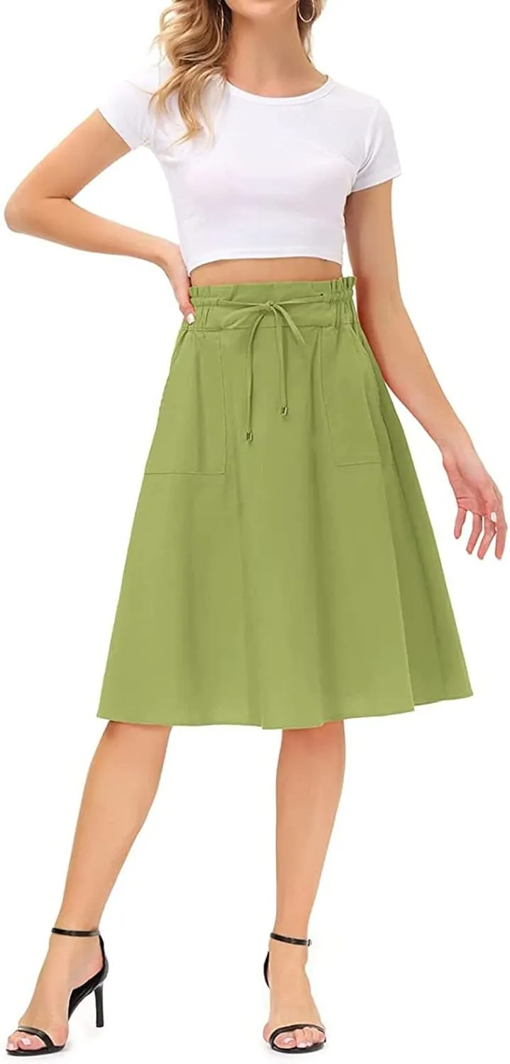 YOLAI Women Elastic High Waist Solid Colours Boho Knee Length Skirt Casual Drawstring A Line Long Skirt with Pockets
