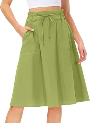 YOLAI Women Elastic High Waist Solid Colours Boho Knee Length Skirt Casual Drawstring A Line Long Skirt with Pockets