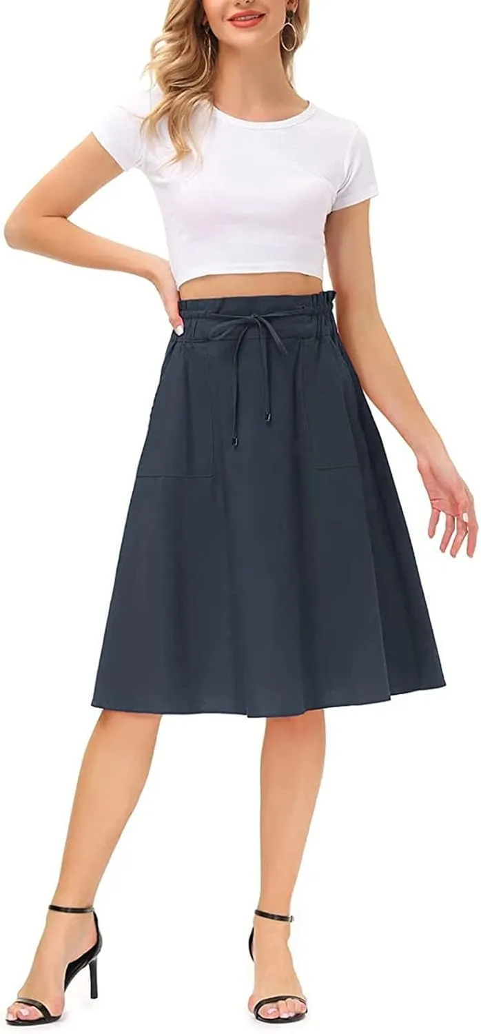 YOLAI Women Elastic High Waist Solid Colours Boho Knee Length Skirt Casual Drawstring A Line Long Skirt with Pockets