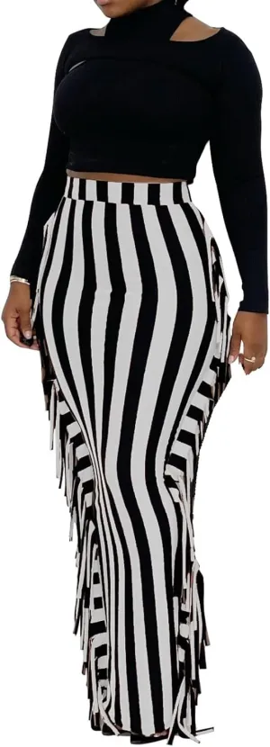 Yuopeid Women's Bodycon High Waist Fringe Long Maxi Skirt Dress Fashion Striped Tassels Edge Cocktail Club Party Long Skirts